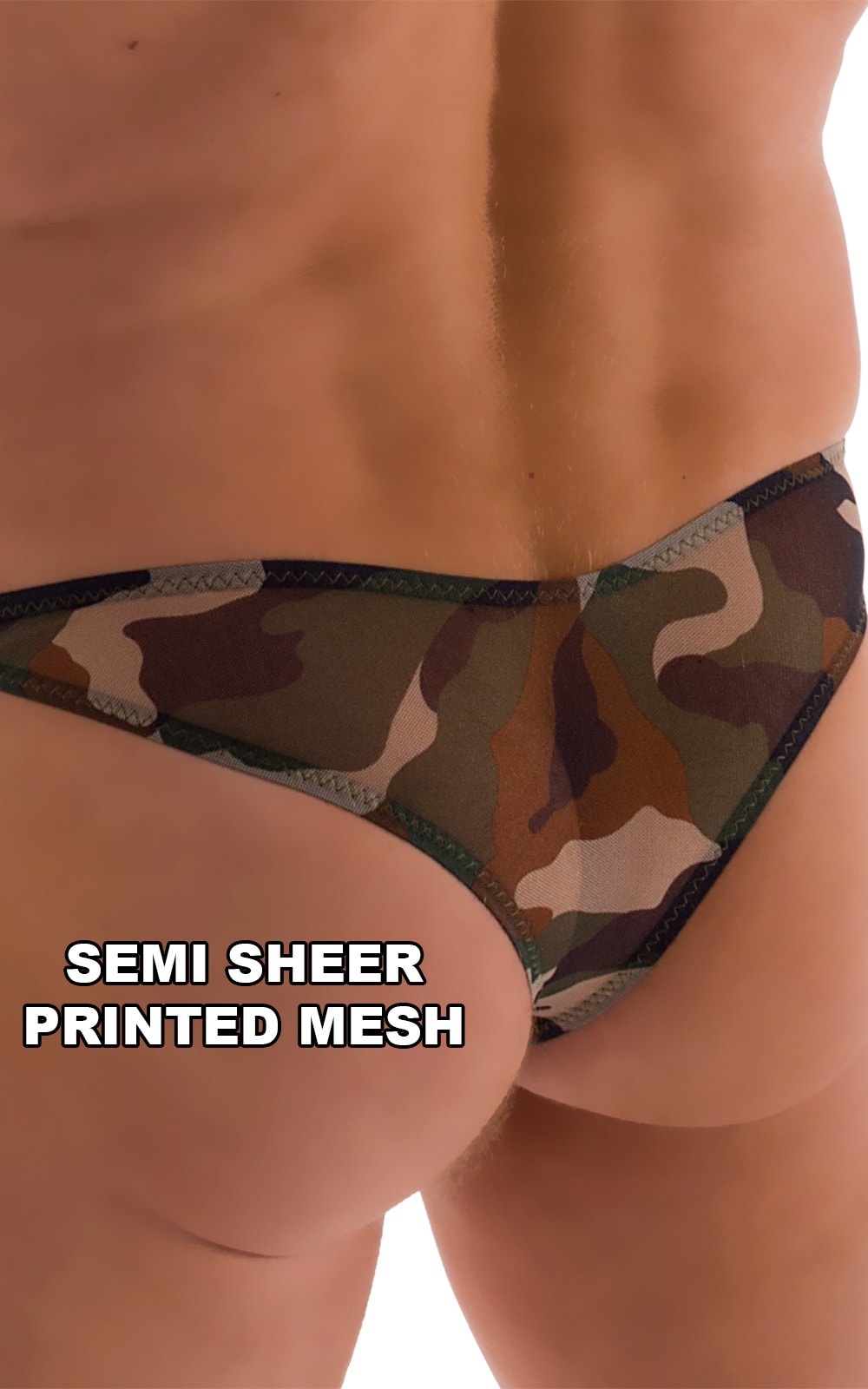 Tanga Cheekini Bikini in Camo and Semi Sheer Camo Printed Mesh, Rear Alternative
